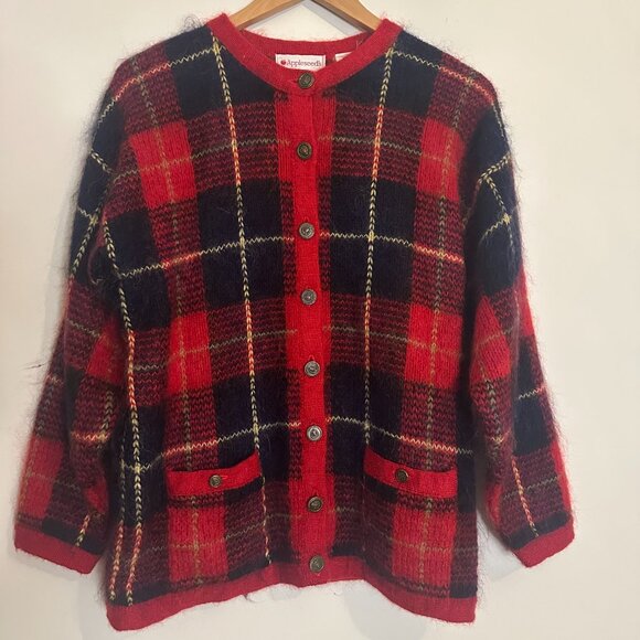 Appleseeds Mohair Blend Tartan Plaid Cardigan Sweater Vintage 90s - Medium - Picture 1 of 4
